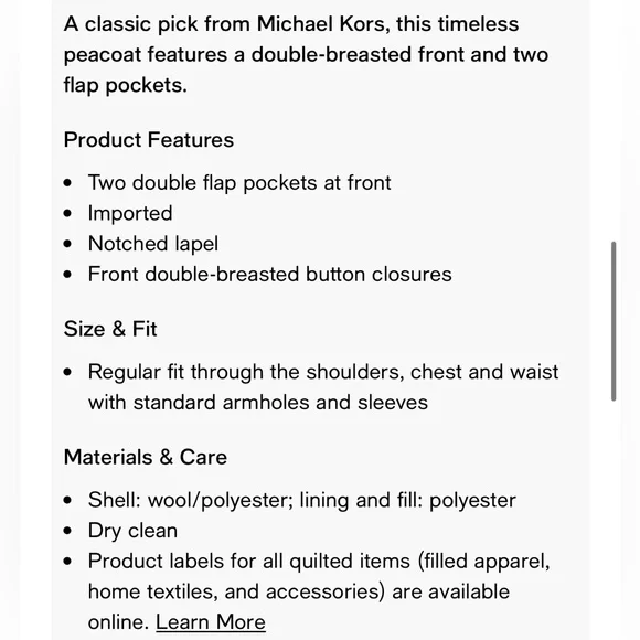 NWT Michael Kors Classic Fit Double Breasted Wool Blend Peacoat - Picture 2 of 4